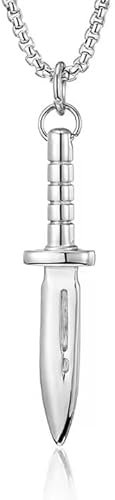 Knife Pendant Dagger Stainless Steel Mens Silver Knife Pendant Necklace with Square Pearl Chain (50cm)