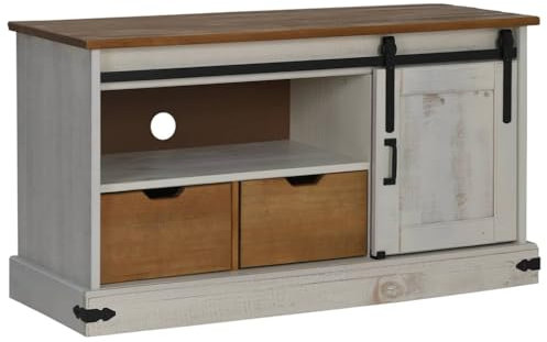 vidaXL TV-Schrank Halden mit Schiebetür Weiß 110x40x60 cm Massivholz, TV-Ständer, TV-Lowboard, TV-Tisch, TV-Sideboard, TV-Möbel, Fernsehschrank