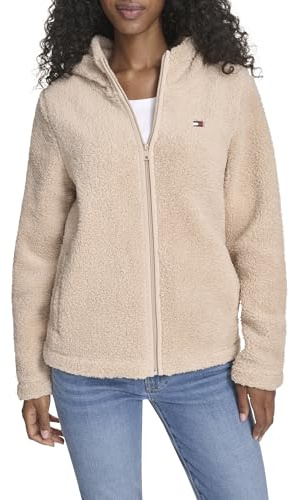Tommy Hilfiger Damen Zipper Hoodie Sherpa Fuzzy Jacket Sweatshirt, Light Heather Fawn, M