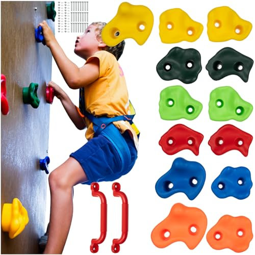 KRUZZEL 25394 Lot de 12 poignées d'escalade d'intérieur pour enfants, multicolores, 2 poignées + vis jusqu'à 150 kg, intérieur et extérieur, accessoires pour mur d'escalade