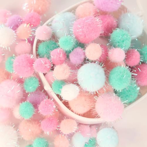 Barlone Pompons zum Basteln,260 Stück 1-3cm Bunt Mini Glitzer Pompons zum Basteln, Filzkugeln, Bommel zum Basteln für Lustige DIY Kreative Handwerk, Feine Haar-Accessoires, Partydekoration(4 Größen)