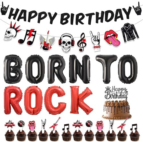 Runyuzi Rock Musik Geburtstag Deko - 46 Stück Retro Geburtstagsdeko Happy Birthday Banner, Born to Rock Luftballons Musiknoten Girlande Tortendeko für 60er 70er 80er 90er Jahre Band Party