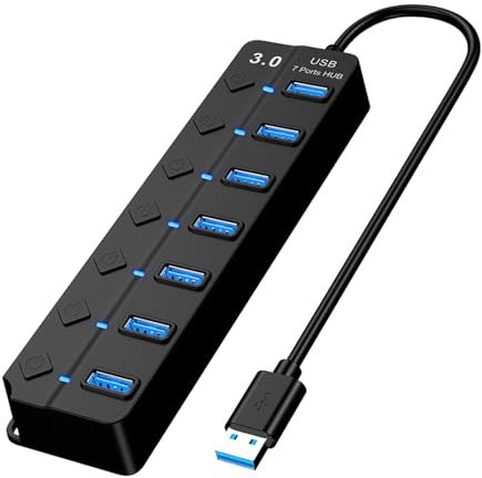 7 Port USB 3.0 Hub Individual Power Switches Lights Multiple Port USB Adapter Extension High Speed Data Hub Splitter for PC Laptop Macbook Flash Drives Mobile HDD Printer and More