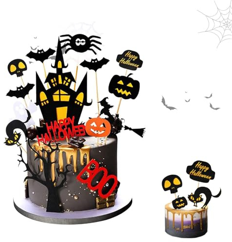 15 Stücke Halloween Cake Topper, Tortendeko Halloween Cupcake Deko, mit Fledermaus Kürbis Schloss Hexe Besen Mond Cupcake Toppers, für Party Kuchen Essen Käseplatte Vorspeisen Dekor