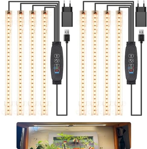 Czoumu Vollspektrum 3500K LED-Pflanzenwachstumsstreifen – 4 Köpfe, 22cm, 3/9/12h Timer, 10 Dimmstufen, ideal für Keimlinge, Sukkulenten, Pflanzenregale und Gewächshäuser, 2er-Pack