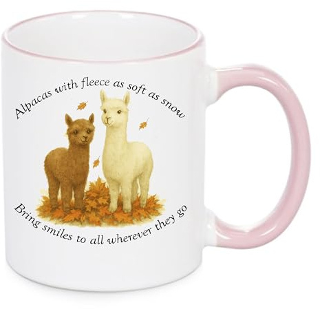 KAZMUGZ Alpaca Thank You Mug – 11oz White Ceramic – Pink Handle & Rim – Soft Fleece Illustration & Autumn Leaves – Dishwasher & Microwave Safe – Gift for Animal Lovers & Pet Sitters