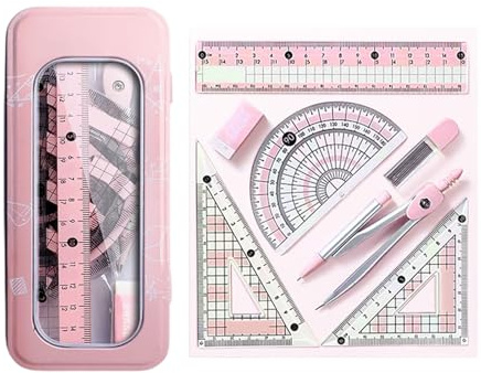 Maths 8-piece set, Geometry Sets for Secondary School, Protractor and Compass Set for Student, Compass Compass Maths Ruler with Storage Box for School Student Teacher Architects Engineers (Pink)
