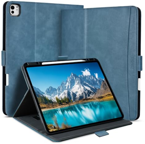 Zinibri Funda para iPad Pro 11 Pulgadas M5 2025/M4 2024, Azul Claro | Soporte Lápiz, Bolsillo, Correa de Mano, Múltiples Ángulos Soporte, Auto Sueño/Estela, Cierre Magnético, Carcasa Cuero PU