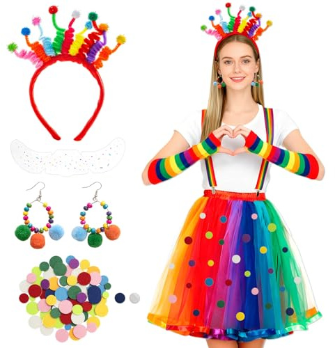 Konfetti Kostüm Damen Zubehör,Karneval Regenbogen Accessoires Damen Set enthalten Konfetti Haarreif,Ohrringe, Bunt Filzgleiter,Sommersprossen Tattoo,Karneval Kopfschmuck Set für Fasching Mottoparty