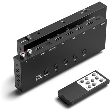Arector 8K/60Hz 4x1 HDMI Audio Extractor Switcher, 4-Wege-HDMI 2.1 auf optischen L/R Konverter-Adapter, unterstützt 3D und 8K für DVD, PS4, PS4 Pro, PS5, PC, Apple TV, Roku, Fire Stick, Blu-Ray-Player