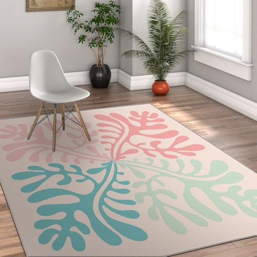 Wohnzimmerteppich 180x270 Blätter Muster Rosa Türkis Mint Creme Maschinenwaschbar Rutschhemmend Kurzflor Weich Teppich Flurteppich für Schlafzimmer Flur Küche
