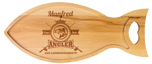 Herz & Heim® Holzbrett für Angler in Fisch-Form personalisiert mit Gravur – Servierbrett aus Buchenholz – Schneidebrett mit Name als Geschenkidee
