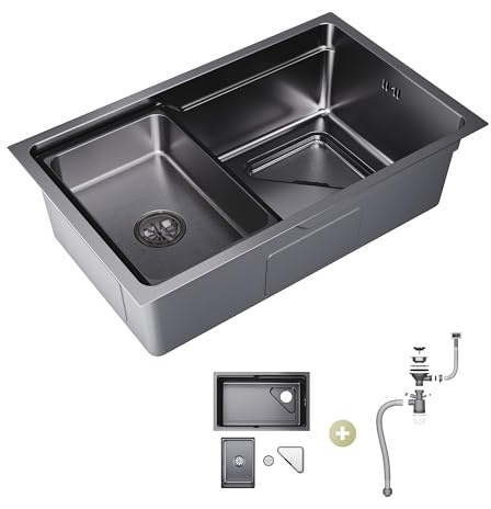 SIRHONA Evier Cuisine en Acier Inoxydable 70x48cm, avec Panier égouttoir, Passoire triangle, Lavabo Cuisine pour Meubles, avec Dernier Siphon et Trop-plein, Noir