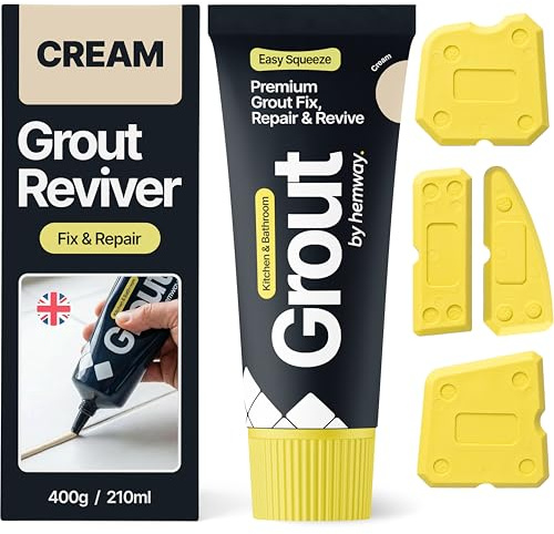 Hemway Cream Grout Reviver Kit 400g with 4 Piece Profiling Tool Kit | Ready Mixed Grout Repair 400g / 210ml, Wall & Floor Tile Adhesive, Kitchen Bathroom Shower, Anti-Mould, Fast Drying