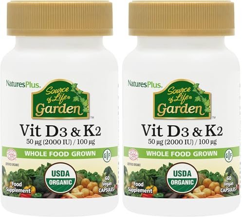 NaturesPlus Source of Life Garden Organic Vitamin D3 2000IU with K2 100mcg - Vegan Vitamin D3 and K2 Supplement - Immune Support, Bone Health - Gluten Free - 60 Capsules (Pack of 2)