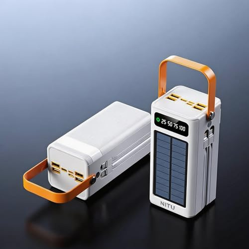 ZMC Solar Powerbank 50000-100000mAh, 22.5W PD Schnellladung, 4 Ausgänge, LED Lampe, 3-in-1 Kabel, für iPhone und Android, Weiß (60000, Milliamperestunden (mAh))