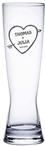 AMAVEL Bicchiere da Birra Weiss con Incisione Freccia Cupido, Personalizzato con Nomi e Data, Calici da Collezione in Vetro, Accessori Decorativi