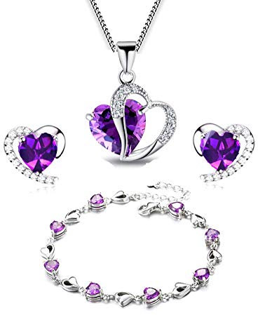 Findout Jewelry Set for Women, Sterling Silver Amethyst Red Pink Blue Clear Green Crystal Heart Pendant Necklace and Earrings with Bracelets Jewelry Sets for Women and Girls