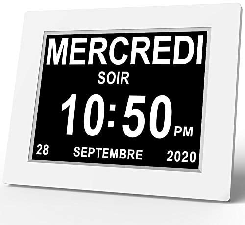 SINOIDEAS 8 Pouce LCD Horloge Numérique Calendrier avec Date Jour Et Heure Non-Abrégée Auto Dimming 8 Langues HD Display Rappel pour Alzheimer Les Personnes âgées et Les Enfants