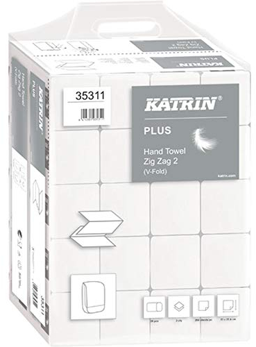KATRIN® Papierhandtuch, PLUS Zig Zag 2, Tissue, 2lagig, V-Falzung, 20 x 200 Tücher, 23 x 22,4 cm, weiß (4.000 Stück), Sie erhalten 1 Karton á 4000 Stück