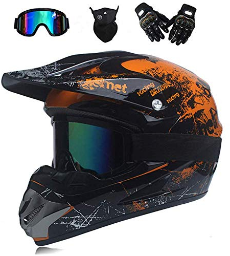 ZSG Herren Offroad Motorrad Helm MX Helme Motorrad Crosshelme City Helme Motorrad Motocross Sport Sicherheit Broken Head Squadron Motorrad Crosshelm Kinder mit Handschuhe Maske Brille ,Orange,L