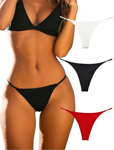 String Ficelle pour Femme en Coton Sexy Tanga Culottes Lot de 3 (Noir, Rouge, Blanc, Large)