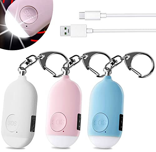 Shackcom 3 pcs 130 DB Alarme Personnelle d'urgence,Rechargeable Alarme de Sécurité avec LED Lampe de Poche Torche Anti Agression,pour Femme Enfants Personnes Agées Aventurier - Blanc+Bleu+Rose
