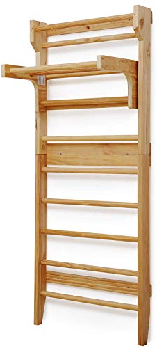 Physionics® Échelle Suédoise - pour Adultes et Enfants, Murale, 195 x 80 x 14 cm, Charge Max. 100 kg, avec Barre de Traction Amovible, Bois de Pin - Espalier en Bois, Gymnastique, Fitness, Sport