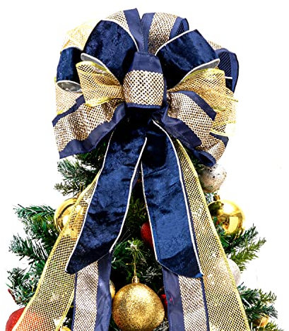 Christmas Tree Topper,Christmas Tree Bow Topper 33x13 Inches Large Toppers Gift Bow Tree Topper Bow Handmade Decoration for Wreaths Tree Toppers (Blue Gold)