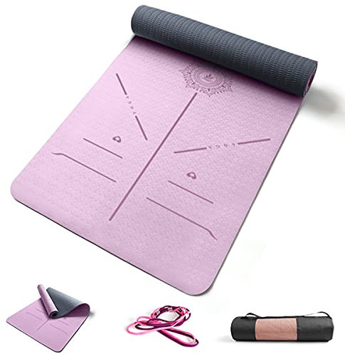 FP-TECH TAPPETINO DA YOGA IMBOTTITO ANTISCIVOLO FITNESS PILATES GINNASTICA IN TPE MAT CON SACCA 183 X 68 X 0.8 CM (Fucsia-Grigio)