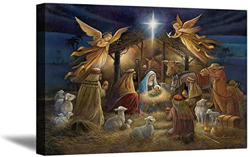 ZHONGYUTONG Krippe Kunstdruck auf Leinwand Weihnachten Jesus in der Krippe Poster Jungfrau Maria Joseph Religiöse Gemälde Wanddekoration für Wohnzimmer Schlafzimmer (30x45cm, Gerahmt)