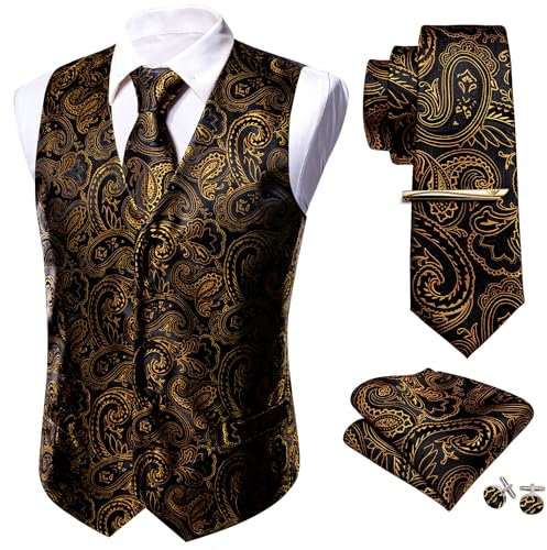 Barry.Wang Ensemble de 5 gilets en soie cachemire floral pour homme avec boutons de manchette, cravate, mouchoir, boutons de manchette, clip, Or vieilli., XXL