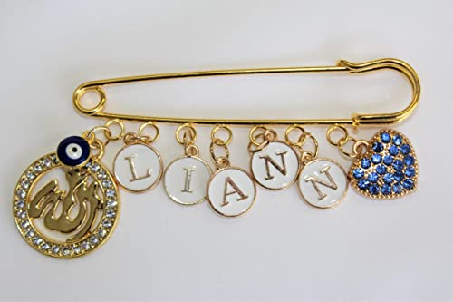 Baby Stecknadel mit Namen Anstecknadel Brosche personalisierte Baby Geschenk Mädchen Junge Glücksbringer Kinderwagen PIN (Allah Blaue Auge & Herz)