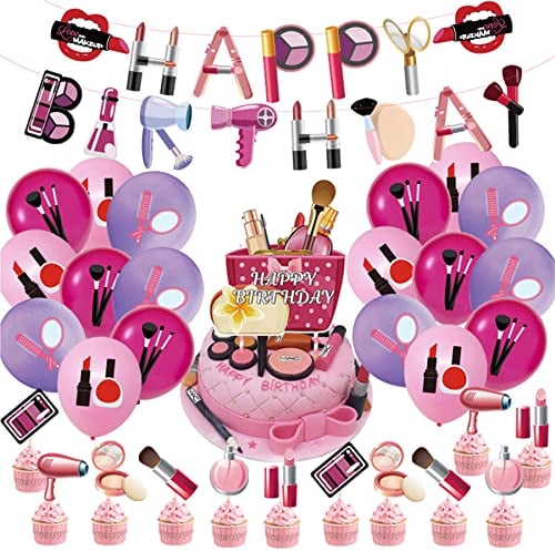 Spa Geburtstagsparty Zubehör, Makeup Geburtstags Party Dekorationsset mit Makeup Happy Birthday Banner, Spa Party Luftballons, Spa Makeup Kuchenaufsatz, Cupcake Aufsatz für Mädchen und Frauen