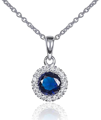 Diamond Treats 925 Sterling Silber Anhänger Halskette mit einem saphirblauen Stein und einem Zirkon Rand, Sterling Silber Halskette für Damen mit einem blauen Stein, Silberschmuck für Frauen