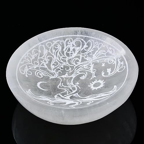 AMOYSTONE Natural Selenite Bowl for Charging - Crystal Plate With Tree of Life Engraved Dish