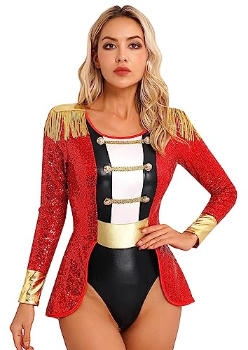 iEFiEL Damen Zirkus Kostüm Langarm Body mit Quasten Zirkusdirektorin Kostüm Halloween Karneval Glitzer Bodysuit Mottoparty Xb Rot L