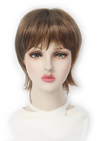 REEWES perücken damen braun Flauschige,damen perücke kurz bob with haarnetz für,Fransige Gestuft kurze gerade perücken,für Tägliche Party Cosplay Halloween Pixie Kostüme