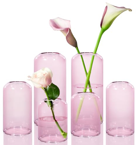 ZENS Knospenvasen 6er Set Rosa Klar Kleine Glasvase für Blumen Moderne mundgeblasene Zylinderglasvase für Hochzeit Empfang Tafelaufsätze Wohnzimmer Deko