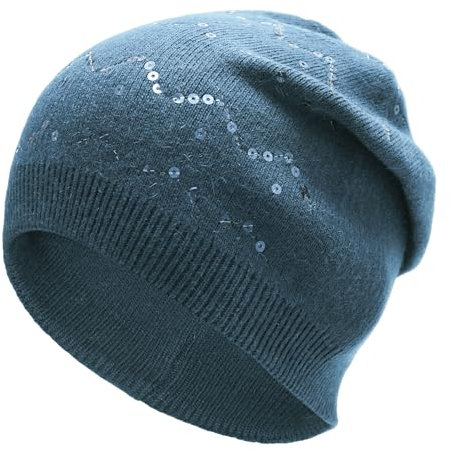ZLYC Damen Strickmütze Slouchy Beanie Mütze Weich Winter Stretch Skull Cap(Wellige Pailletten Hazy Blue)
