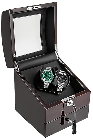 Yolancity Uhrenbeweger 2 Uhren, Automatische Watch Winder mit Schloss, Automatik Uhrendreher, Blau LED Beleuchtung, Hochwertigen Leisen Motor, 5 Betriebsarten, 19 x 19 x 23cm