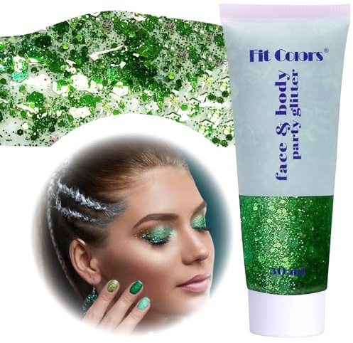 gelpretty Body Glitter Gel, Festival Glitzer Gesicht, 50ml Glitter Liquid Gel, Körperglitzer Festival Zubehör Glitter für Make Up Cosmetic Festival Party, DIY, Nägel, Lippen (Grün)