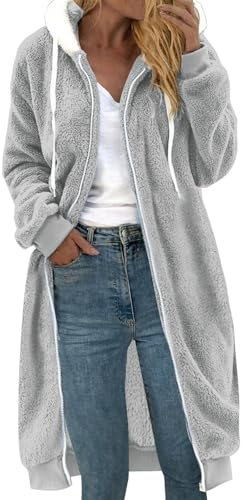 Fleecejacke Damen Lang Große Größen, Dicke Gefüttert Teddyfleece Jacke mit Kapuze Teddyjacke Flauschig Plüschjacke mit Reißverschluss und Taschen Kuscheljacke Frauen Winterjacke Cardigan Outwear