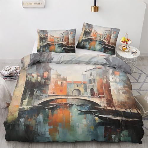 GEDAEUBA Winter Bettwäsche 135x200 Venedig - Italienische Stadt Bettbezug 135 x 200 2er Set, Wendebettwäsche und Kissenbezug 80x80, Weiche & Angenehme Mikrofaser Bettwäsche-Sets mit Reißverschluss