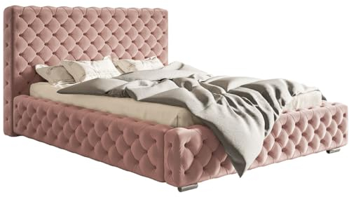 Emporius Doppelbett Chesterfield 140x200 cm Adonis - Polsterbett mit Bettkasten, Lattenrost, Samtstoff, Glamour Stil - Rosa (Amor Velvet 4308)