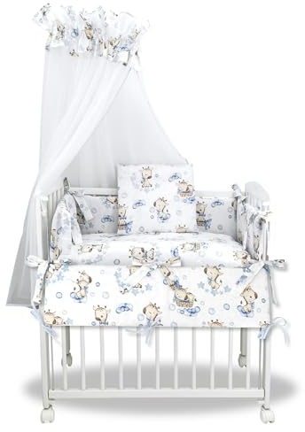 Baby Delux Beistellbett Set Babybett Komplett Set Stubenwagen weiß 90x40 mobil mit Rädern inkl. Bettwäsche Matratze (Giraffe blau)