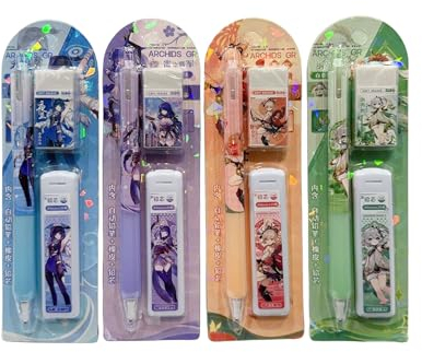 4-teiliges Genshin Impact Druckbleistift-Set mit Gummi-Nachfüllmine, 0,5 mm Schulbedarf
