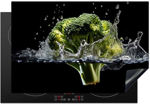 KitchenYeah© Protege Plaque Tapis Pour Induction Deco Cuisine Ustensiles | 76x51 cm - Protection Vitrocéramique Pour Cuisiniere Brocoli - Vert - Eau - Noir