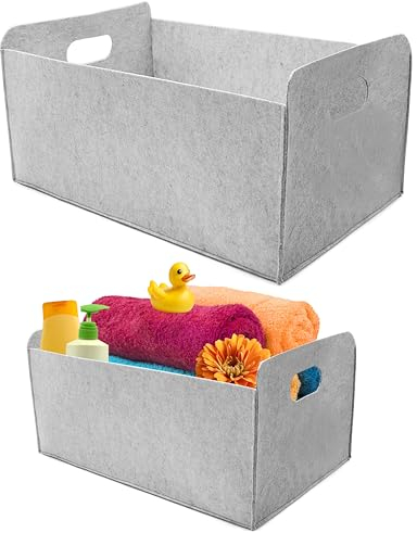 2er Set stabiler XXL Filzkorb, Shopping-Bag, große Einkaufstasche mit Henkel - faltbarer Organizer - Kaminholztasche - Faltkorb zur Aufbewahrung - Aufbewahrungsbox aus Filz Korb Box (Hellgrau)