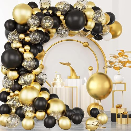 Black Gold Balloon Arch Garland Kit,137pcs Metallic Gold Black Latex Balloons Gold Confetti Balloons for Birthday Garland for Men Women Birthday Party Decorations Anniversary Graduation Decoration
